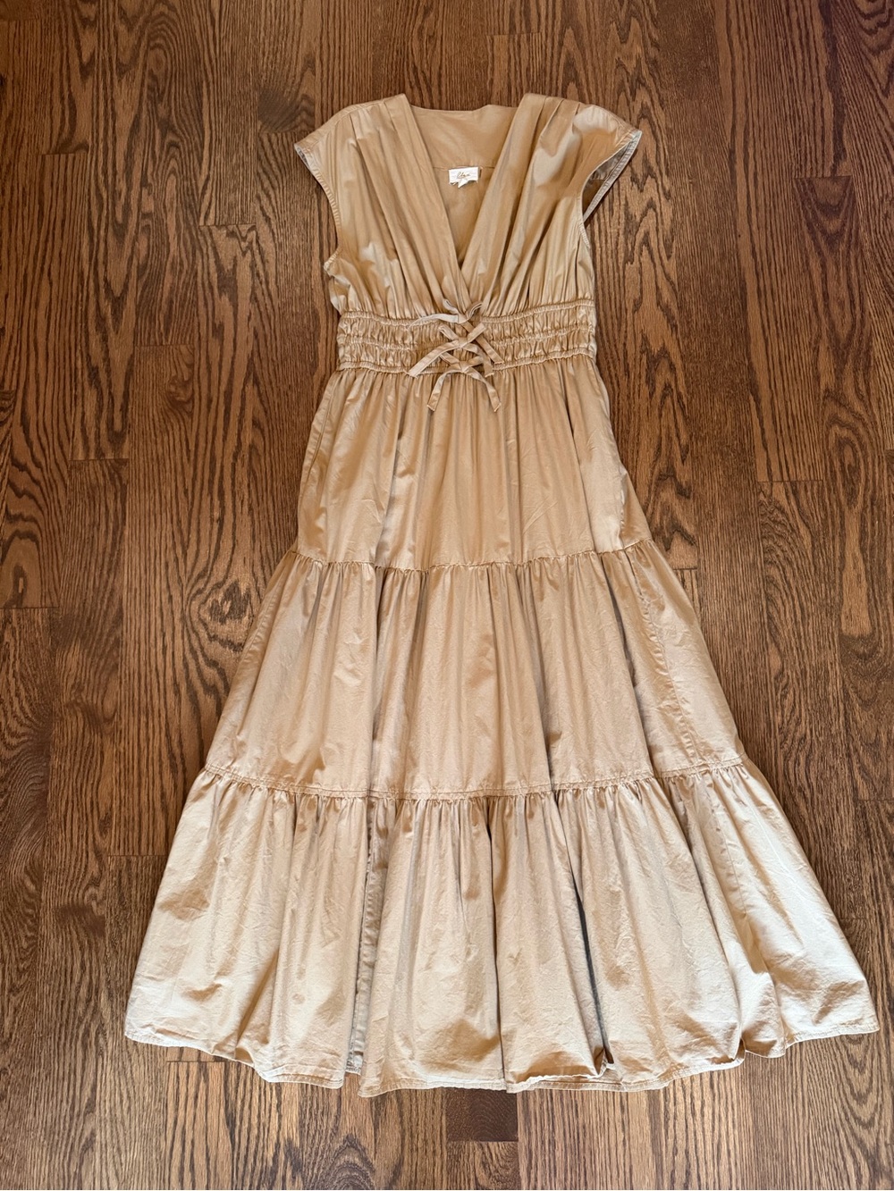 Elan Neutral Tiered V-Neck Maxi Dress with Smocked Waist